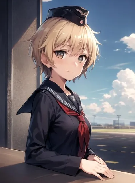 masterpiece, best quality, detailed hands, Krupinski, solo, smile, looking at viewer, serafuku, hat, <lora:Krupinski-000016:0.7> military airport, dim lighting, sky, clouds, <lyco:GoodHands-beta2:1.0> <lora:more_details:0.4>