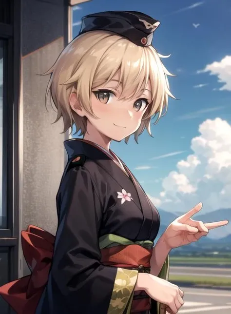 masterpiece, best quality, detailed hands, Krupinski, solo, smile, looking at viewer, kimono, hat, <lora:Krupinski-000016:0.7> military airport, dim lighting, sky, clouds, <lyco:GoodHands-beta2:1.0> <lora:more_details:0.4>