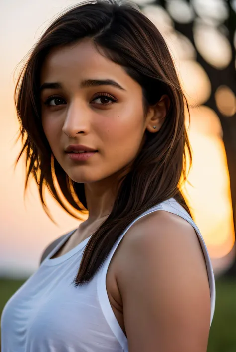 best quality raw photo of (Al14Bh4tt001:0.99), looking away, (oversized t--shirt:1.2), photo shot on Nikon D850, 16k, sharp focus, masterpiece, Hyper Detailed, breathtaking, atmospheric perspective, diffusion, pore correlation, skin imperfections, DSLR, 80mm Sigma f2, depth of field, film grain, outdoor in a field, sunset lighting, (golden hour:1.2), (detailed face:1.1), skin pores, 8k, skin texture, dslr,, detailed skin texture, (blush:0.5), (goosebumps:0.5), subsurface scattering