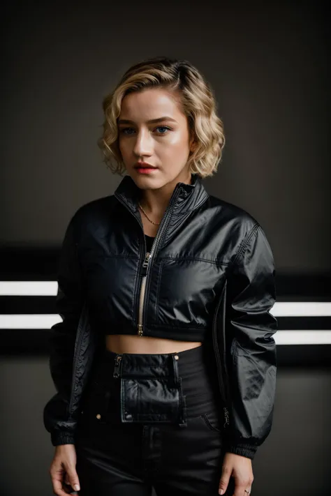 <lora:jul14g4rn3r:1>, Realistic photo of a beautiful jul14g4rn3r woman, 1girl, solo, looking at viewer, blue eyes, blonde hair, shirt, standing, jacket, full body, pants, black footwear, black shirt, black pants, indoors, soft lighting, professional Photography, Photorealistic, detailed, RAW, analog, sharp focus, 8k, HD, DSLR, high quality, Fujifilm XT3, film grain, award winning, masterpiece