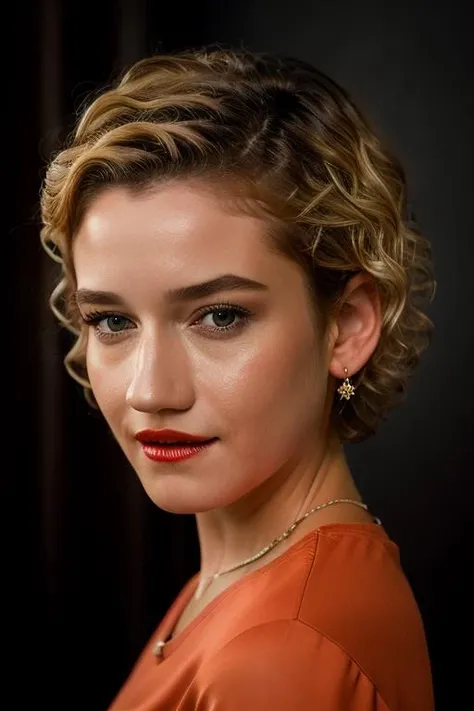 <lora:jul14g4rn3r:1>, Realistic photo of a beautiful jul14g4rn3r woman,  1girl, solo, looking at viewer, short hair, blonde hair, simple background, shirt, upper body, parted lips, teeth, lips, makeup, black background, red shirt, curly hair, realistic, red lips, orange shirt, straight-on, soft lighting, professional Photography, Photorealistic, detailed, RAW, analog, sharp focus, 8k, HD, DSLR, high quality, Fujifilm XT3, film grain, award winning, masterpiece