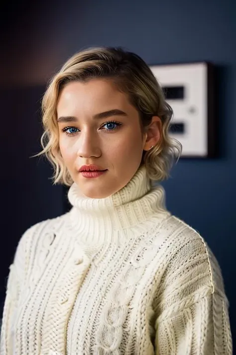 <lora:jul14g4rn3r:1>, Realistic photo of a beautiful jul14g4rn3r woman, 1girl, solo, looking at viewer, short hair, blue eyes, blonde hair, upper body, parted lips, teeth, sweater, lips, turtleneck, turtleneck sweater, realistic, red lips, white sweater, cable knit, aran sweater, soft lighting, professional Photography, Photorealistic, detailed, RAW, analog, sharp focus, 8k, HD, DSLR, high quality, Fujifilm XT3, film grain, award winning, masterpiece