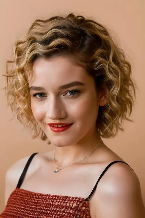 <lora:jul14g4rn3r:1>, Realistic photo of a beautiful jul14g4rn3r woman, 1girl, solo, looking at viewer, short hair, blonde hair, simple background, shirt, upper body, parted lips, teeth, lips, makeup, black background, red shirt, curly hair, realistic, red lips, orange shirt, straight-on, soft lighting, professional Photography, Photorealistic, detailed, RAW, analog, sharp focus, 8k, HD, DSLR, high quality, Fujifilm XT3, film grain, award winning, masterpiece