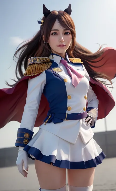 best quality, ultra high res, (photorealistic:1.4), a portray of a girl,1girl , smirk, thigh gap, horse ears, <lora:tokaiTeio_tokaiTeioOriginal:0.6> , military suit, hand_on_hip