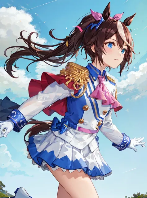 ((masterpiece, best quality)),1girl,Tokai Teio,Tokai Teio(Racing clothes),horse ears,horse girl,brown hair,long hair,high ponytail,streaked_hair,multicolored_hair,blue eyes,epaulettes,pink_ascot,skirt,long_sleeves,asymmetrical gloves,white_jacket,hair_ribbon,multicolored_clothes,white_footwear,knee_boots ,<lora:Tokai Teio:0.6>,running, looking to the side,