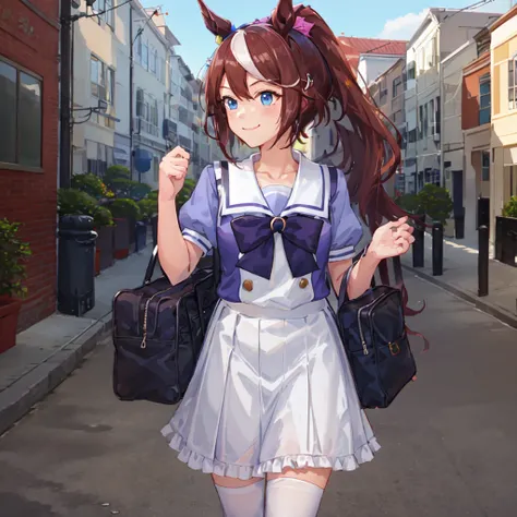 ((masterpiece, best quality)),1girl,Tokai Teio,Tokai Teio(Tracen uniform),horse ears,horse girl,brown hair,long hair,high ponytail,streaked_hair,multicolored_hair,blue eyes,bow,bowtie,puffy short sleeves,purple_shirt, sailor_collar, school_uniform, shirt,tracen_school_uniform,skirt ,<lora:Tokai Teio:0.6>,school bag, white thighhighs, smile