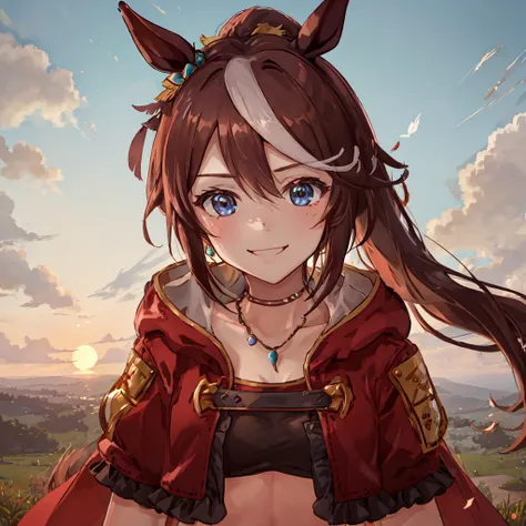 ((masterpiece, best quality)),1girl,Tokai Teio,Tokai Teio(horizon),horse ears,horse girl,brown hair,long hair,high ponytail,streaked_hair,multicolored_hair,blue eyes,jacket,cropped jacket,crop top,midriff,fingerless gloves,short sleeves,navel,skirt,belt,cape,jewelry,frills,hair ornament,hood down,necklace,thighhighs,boots,official_alternate_costume ,<lora:Tokai Teio:0.6>,smile,victory pose,burning feathers, fire, dusk, sunset, outdoors,