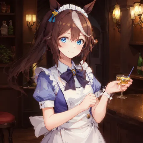 ((masterpiece, best quality)),(illustration),(detailedlight),1girl,Tokai Teio,horse ears,horse girl,brown hair,long hair,high ponytail,streaked_hair,multicolored_hair,blue eyes,maid dress,maid headdress, bar,indoors,light smile,