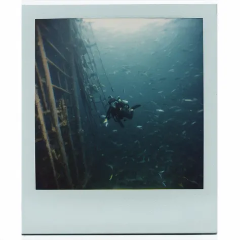 polaroid of A diver exploring a sunken ship, schools of fish weaving around. <lora:Polaroid_XL:1>