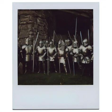 polaroid of A band of knights preparing to storm a dragon's lair, armor gleaming. <lora:Polaroid_XL:1>