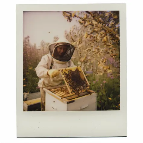 polaroid of A beekeeper, harvesting honey, with bees buzzing around blooming flowers.  <lora:Polaroid_XL:1>