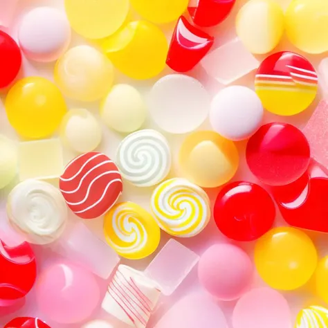 <lyco:candy:1.0> photo of candies, reds, yellow, pale pink, stripes, candy wrappers, translucent, opaque, swirls, variety, different shapes, sugar