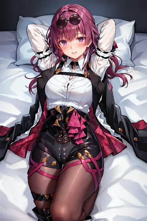 masterpiece, best quality, <lora:kafka-nvwls-v1-final:0.9> kafka, purple eyes, sunglasses on head, black jacket, collared shirt, black shorts, pantyhose, seiza, bed, arms behind head, smile <lora:nanahachi-Style-000098:0.8>