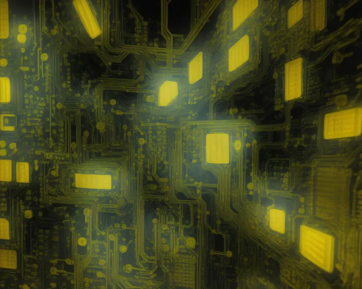 folly folley covered in yellow traces of a printed circuit board (PCB) blue and yellow color scheme octane render, ray-tracing, 4k, high quality desktop wallpaper cgsociety, gloomy, realistic, trending on artstation <lora:PCB_v3:0.8> unreal engine, deviantart