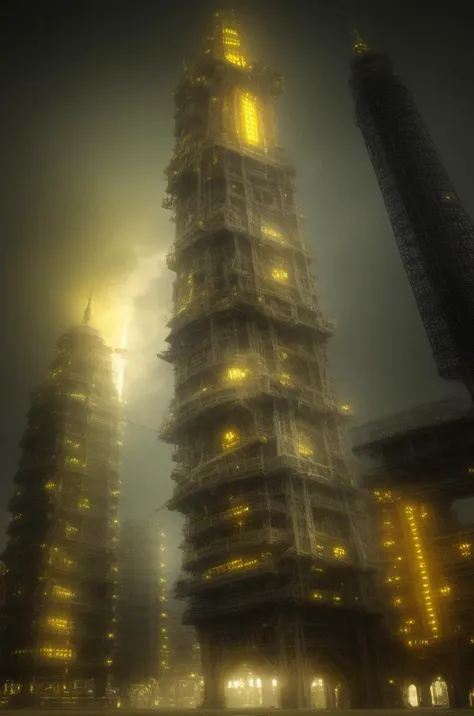 tower folly covered in yellow traces of a printed circuit board (PCB) blue and yellow color scheme photoreaslistic, 4k, high quality desktop wallpaper cgsociety, gloomy, realistic, trending on artstation <lora:PCB_v3:0.8> unreal engine, deviantart