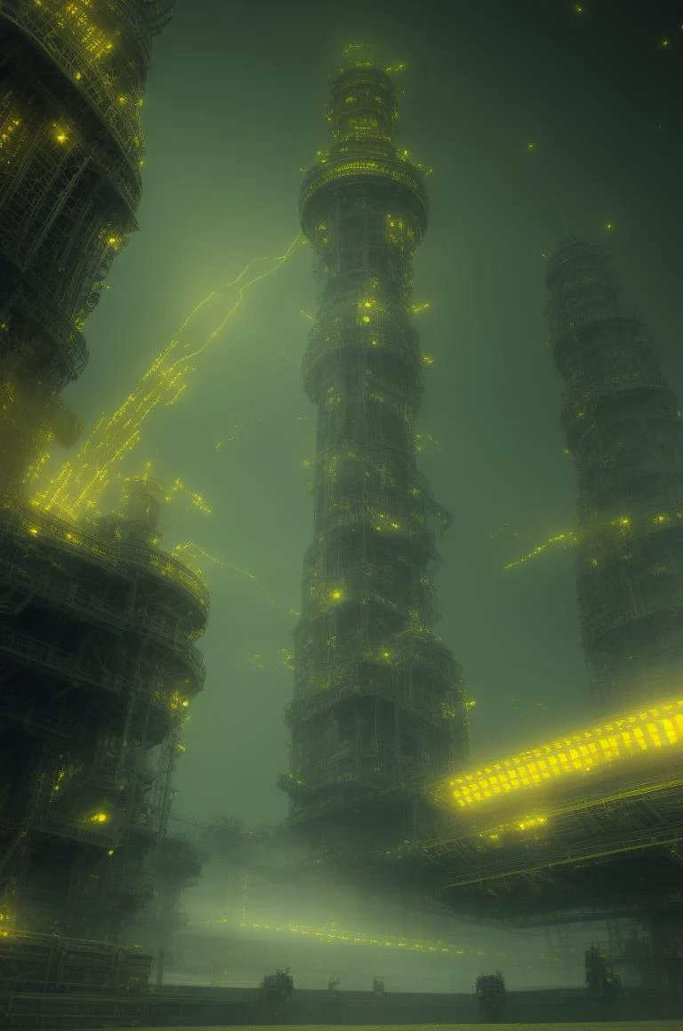 photo of a tower folly folley covered in yellow traces of a printed circuit board (PCB) blue and yellow color scheme octane render, ray-tracing, 4k, high quality desktop wallpaper cgsociety, gloomy, realistic, trending on artstation <lora:PCB_v3:0.8> unreal engine, deviantart