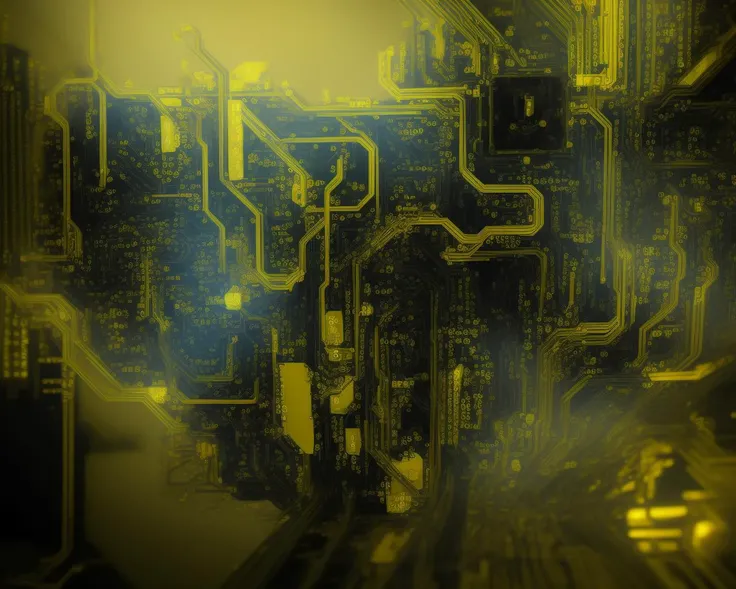 folly folley covered in yellow traces of a printed circuit board (PCB) blue and yellow color scheme octane render, ray-tracing, 4k, high quality desktop wallpaper cgsociety, gloomy, realistic, trending on artstation <lora:PCB_v3:0.8> unreal engine, deviantart