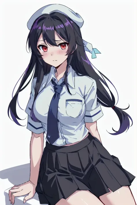 solo,multicolored hair,one-hour drawing challenge,shirt,tears,hand up,thighs,cropped legs,kindergarten uniform,red eyes,blue skirt,between legs,dress shirt,kantai collection,ebifurya,looking at viewer,collared shirt,very long hair,matsuwa (kancolle),skirt,gradient hair,simple background,1girl,purple hair,sitting,white background,pleated skirt,long hair,blue shirt,name tag,white headwear,parted bangs,hand between legs,black hair,highres,blush