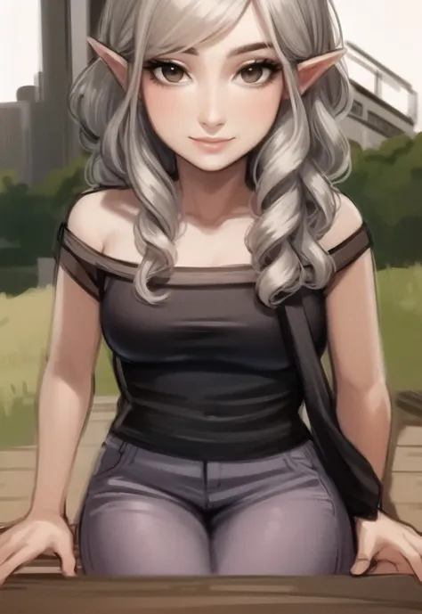 A middle-aged elven woman with a kind expression, waist-length silver hair styled in loose waves, soft hazel eyes, and a gentle smile, sitting on a bench in a quiet park, surrounded by the sounds of the city, lost in thought and soaking up the peace and tranquility., (((full detailed background)))