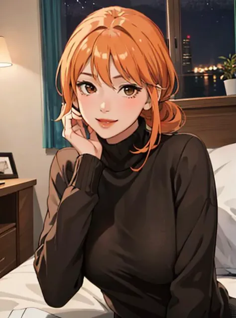 (masterpiece:1.2, best quality), (real picture, intricate details), (night:1.5), bedroom,
(dynamic pose), sitting on bed side,
<lora:yuigahamaYuisMotherYahariOre_v10:0.3>, (gahamama:1.5), (light orange hair),
(1milf:1.3), solo, smile, turtleneck, sweater,
perfect anatomy, looking at viewer,