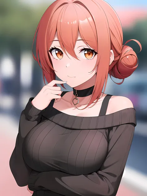 (masterpiece:1.3), (absurdres:1.3), (best quality:1.3), (ultra-detailed:1.3),(best shadow:0.7), (handled hair), (sharp eyeliner, eyeshadow, detailed eyes:1.1), perfect anatomy, BREAK <lora:yuigahamaYuisMotherYahari_v10:0.3>, GAHAMAMA, orange hair, orange eyes, glowing eyes, hair between eyes, hair bun, sidelocks, upper body, large breasts, cleavage, full body, brown sweater, off shoulder sweater, sweaters dress, choker, standing,facing viewer, look at viewer, BREAK outdoors, street