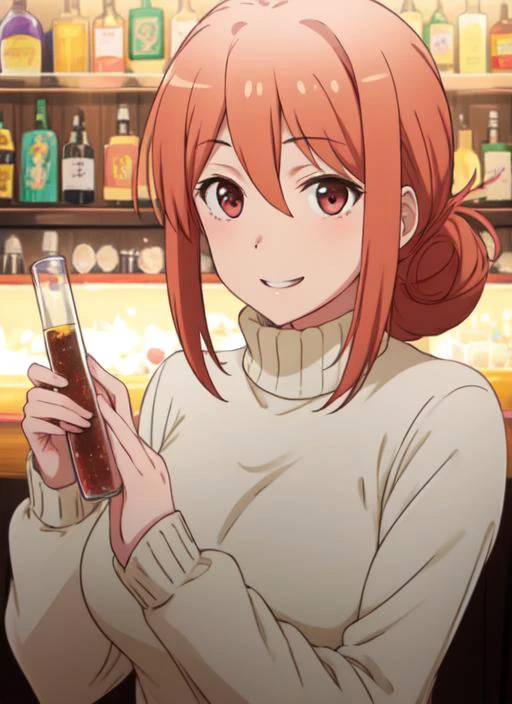 (masterpiece),best quality,Amazing,finely detail,Depth of field,bar,gahamama,turtleneck,sweater,mature_female,happy,<lora:gahamama-000016:0.7:MIDD>,