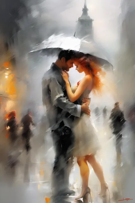 <lora:Willem Haenraets Style:1>Willem Haenraets Style - Willem Haenraets,Rainy atmosphere, distant tower, misty rain,Couple in love, standing close, facing each other,Sudden gust of wind, lifting dust and the female character's hair,Conveying the fusion of deep affection and unbreakable determination