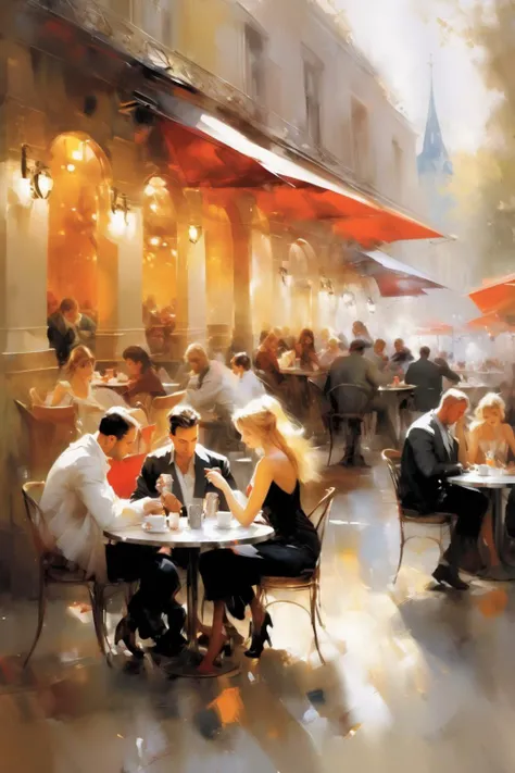 <lora:Willem Haenraets Style:1>Willem Haenraets Style - Alexander Deineka style painting, cafe with several tables where people are sitting and talking