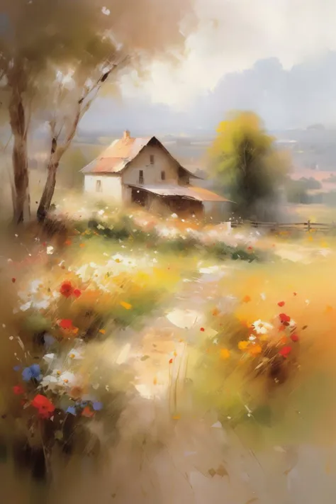<lora:Willem Haenraets Style:1>Willem Haenraets Style - Serene countryside landscape with blooming wildflowers and a rustic farmhouse nestled in the distance. Warm earth tones and delicate brushstrokes capture the essence of nature.