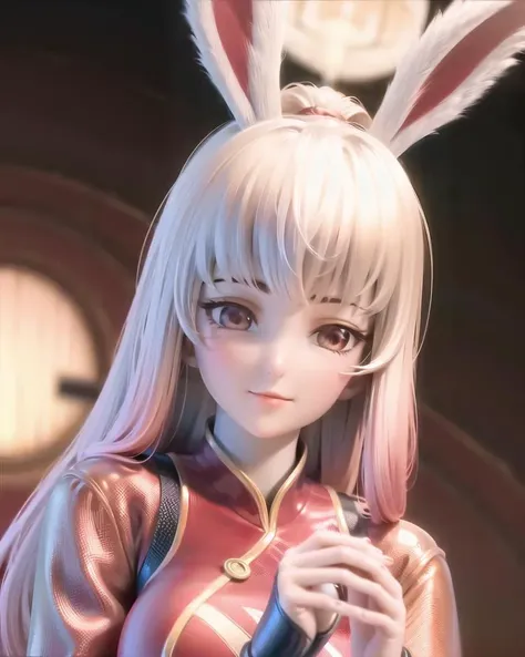 ,best quality, masterpiece,a woman with white hair and a bunny ears on her head, wearing a red top and a white rabbit ears on her head, (1girl:0.992), (animal ears:0.984), (bangs:0.785), (bare shoulders:0.578), (blurry:0.994), (blurry background:0.975), (brown eyes:0.513), (depth of field:0.959), (lips:0.848), (long hair:0.846), (looking at viewer:1.2), (mole under eye:0.570), (ponytail:0.662), (rabbit ears:0.796), (realistic:0.599), (solo:0.979), (upper body:0.759), (white hair:0.666),Gesture of love,  PVC,3d face,seductive smile,style,<lora:aki-000005:0.9>