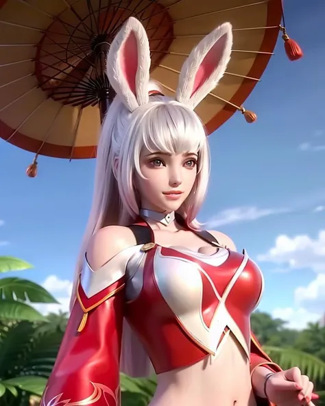 a woman with white hair and bunny ears holding an umbrella and a pink umbrella behind her back, with a pink umbrella behind her head, (1girl:0.989), (ajirogasa:0.838), (animal ears:0.998), (bare shoulders:0.665), (beach umbrella:1.000), (black umbrella:1.000), (blue umbrella:1.000), (breasts:0.736), (holding:0.723), (holding umbrella:1.000), (hydrangea:0.671), (karakasa obake:0.767), (leaf umbrella:0.967), (lips:0.937), (long hair:0.857), (looking at viewer:0.666), (makeup:0.734), (oil-paper umbrella:1.000), (over shoulder:0.613), (parasol:1.000), (pink umbrella:1.000), (purple umbrella:0.972), (rabbit ears:0.991), (rabbit girl:0.769), (race queen:0.999), (rain:1.000), (red umbrella:1.000), (shared umbrella:1.000), (sleeveless:0.573), (solo:0.968), (special feeling \(meme\):0.968), (teruterubouzu:0.854), (transparent:0.779), (transparent umbrella:1.000), (umbrella:1.000), (upper body:0.924), (viera:0.845), (white hair:0.829), (white umbrella:1.000)