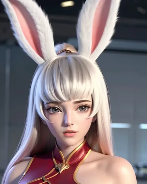 a woman with white hair and a bunny ears on her head, wearing a red top and a white rabbit ears on her head, (1girl:0.992), (animal ears:0.984), (bangs:0.785), (bare shoulders:0.578), (blurry:0.994), (blurry background:0.975), (brown eyes:0.513), (depth of field:0.959), (lips:0.848), (long hair:0.846), (looking at viewer:0.833), (mole under eye:0.570), (ponytail:0.662), (rabbit ears:0.796), (realistic:0.599), (solo:0.979), (upper body:0.759), (white hair:0.666)