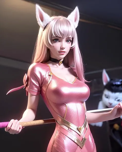 a woman in a pink dress holding a bat in her hand and a cat ears on her head and a pink dress with a pink collar, (1girl:0.995), (animal ears:0.754), (blonde hair:0.602), (blue eyes:0.633), (choker:0.707), (dress:0.681), (holding:0.550), (jewelry:0.627), (looking at viewer:0.705), (makeup:0.556), (off shoulder:0.533), (pink dress:0.591), (short hair:0.621), (smile:0.514), (solo:0.964)