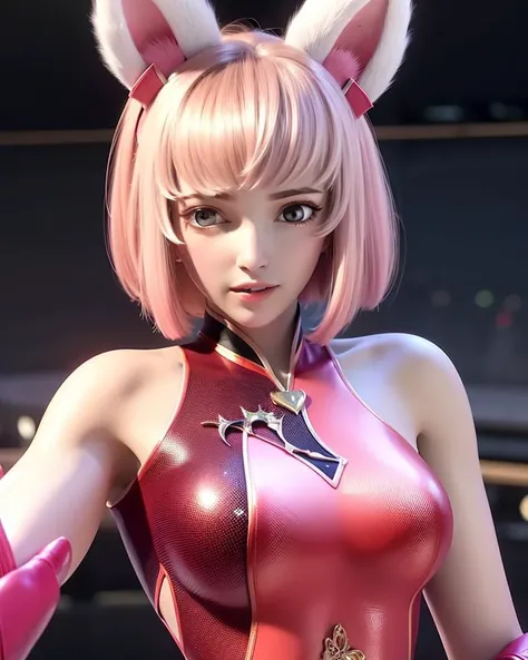 a woman in a pink dress holding a bat in her hand and a cat ears on her head and a pink dress with a pink collar, (1girl:0.995), (animal ears:0.754), (blonde hair:0.602), (blue eyes:0.633), (choker:0.707), (dress:0.681), (holding:0.550), (jewelry:0.627), (looking at viewer:0.705), (makeup:0.556), (off shoulder:0.533), (pink dress:0.591), (short hair:0.621), (smile:0.514), (solo:0.964)