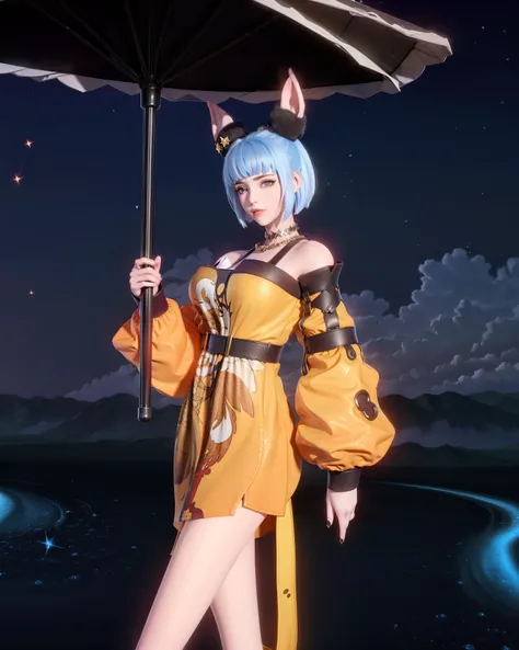 a woman in a costume holding an umbrella in a dark room with a sky background and a full moon, (1girl:0.997), (bare shoulders:0.641), (blue hair:0.843), (dress:0.778), (holding:0.548), (instrument:0.992), (jewelry:0.745), (night:0.877), (night sky:0.939), (shooting star:0.813), (sky:0.916), (solo:0.977), (space:0.745), (standing:0.526), (star \(sky\):0.996), (starry sky:0.991)
