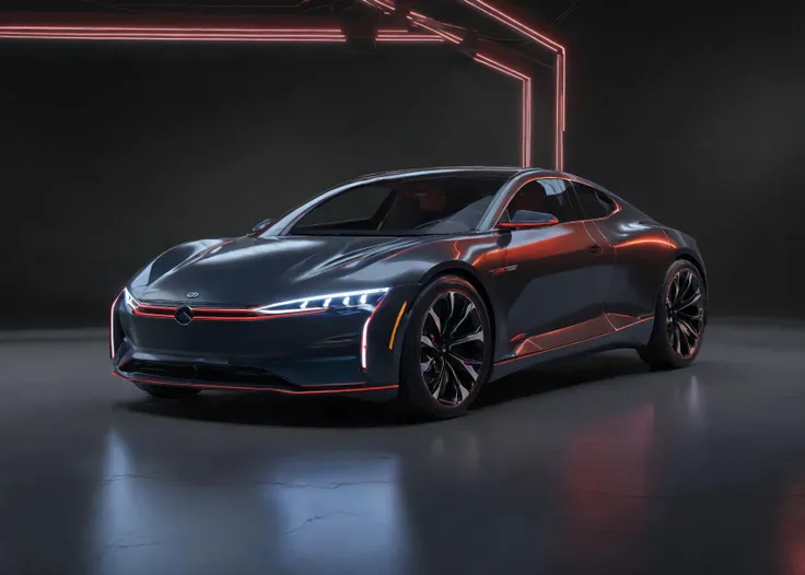 The image shows a sleek modern electric car with a glass roof and a red vintage stripe on the hood, parked on a stage. The car has a distinctive design and appears to be a concept car, showcasing advanced technology and style. The car is positioned in the center of the scene, with a logo visible on the front.,
The car's design includes a large windshield and a prominent hood, giving it a distinctive appearance. The car's overall shape and lines create a sense of speed and agility, making it an eye-catching display., Shadow art, (atmosphere of neon lights:1.2)., on the dark luminescent meadow, alluring, 8k, UHD, masterpiece, hight resolution, delicate detail, (neon light:0.7), strong contrast with the shadows, Trending on Artstation, 3D Rendering Octane, Super Resolution, Hyper Saturation