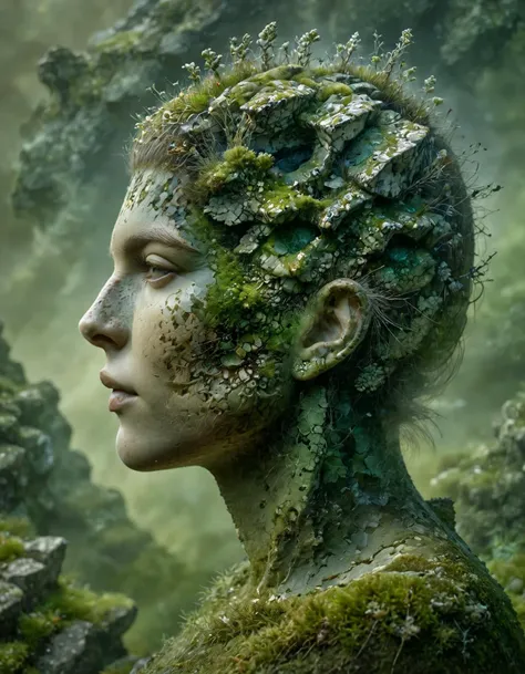 dvr-wwyt, double exposure, profile portrait of mossy green and ancient stone