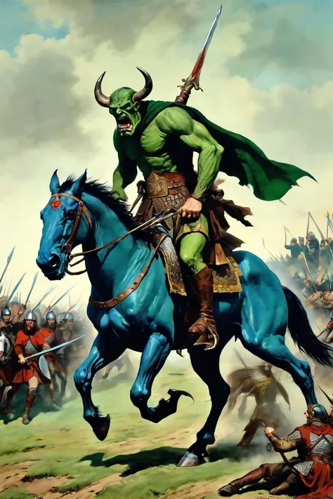The image portrays an eerie and dramatic scene where a large green monster and a man in a suit are present., Mounted on steeds, Hengist and Horsa lead the Anglo-Saxon invasion, their presence marked by the clash of swords and the thundering hooves of war,
The monster has pronounced features including sharp claws, pointed ears, and intense eyes; its skin is textured and muscular, exuding an intimidating aura.,
The man is dressed in a formal blue suit; his face is obscured to maintain anonymity or focus on the contrast between him and the creature.