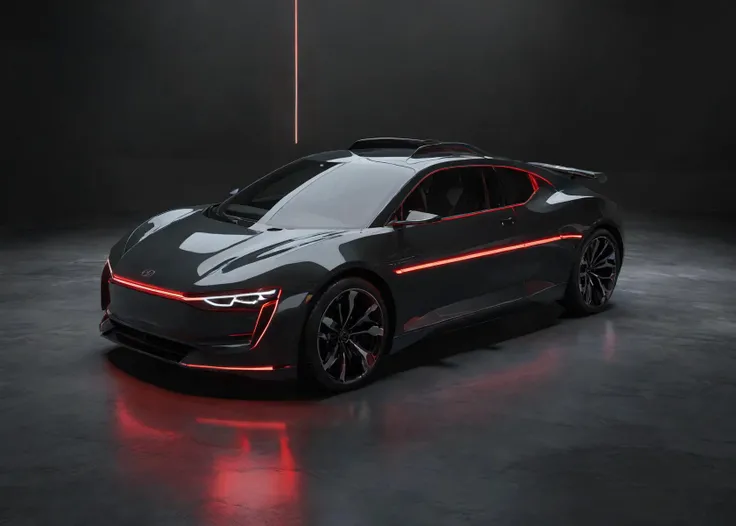 The image shows a sleek modern electric car with a glass roof and a red vintage stripe on the hood, parked on a stage. The car has a distinctive design and appears to be a concept car, showcasing advanced technology and style. The car is positioned in the center of the scene, with a logo visible on the front., 
The car's design includes a large windshield and a prominent hood, giving it a distinctive appearance. The car's overall shape and lines create a sense of speed and agility, making it an eye-catching display., Shadow art, (atmosphere of neon lights:1.2)., on the dark luminescent meadow, alluring, 8k, UHD, masterpiece, hight resolution, delicate detail, (neon light:0.7), strong contrast with the shadows, Trending on Artstation, 3D Rendering Octane, Super Resolution, Hyper Saturation