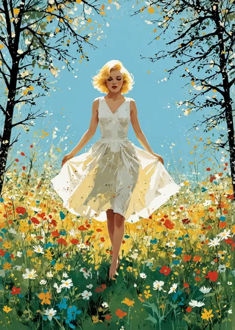 (poster image in style of Pascal Campion:1.3), (art in style 1960's Mod Fashion Icon by David Bailey:1.2), featuring Marilyn Monroe at 25 years old in a full body frame., She stands among a meadow of wildflowers, filled with romance and fairytale, Sunlight streaming through trees