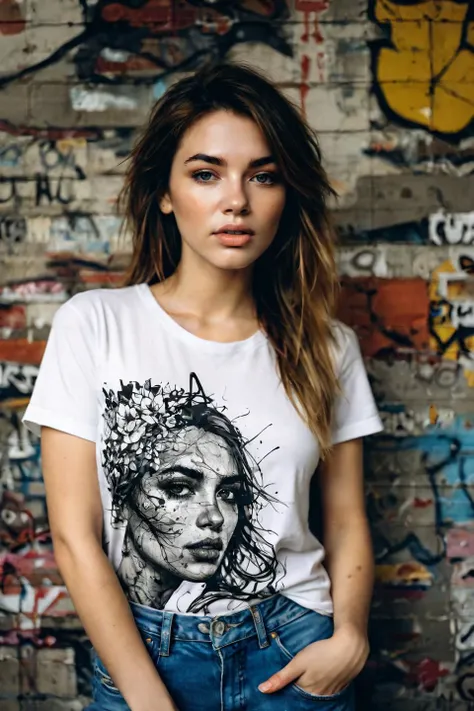 A strikingly stylish woman wearing custom designed tshirt, tshirt has flower design, elements of flowers on tshirt