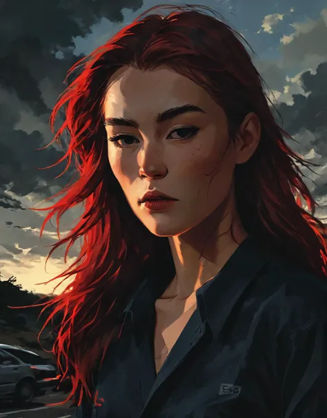 hyperrealistic wide shot dark and gritty impactful paint of a waiflike norwegian mad female politician wearing a bycocket and calvin klein clothes staring into the horizon on a road trip, long berry hair, outside in Japan in the afternoon fall, inspired by futuristic anime, dramatic cinematic rembrandt lighting<lora:The_Pulp_Session:0.90>