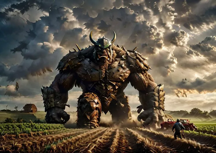 A highly detailed photograph A farmers fighting to save the farm from a Colossal storm growing in the distance <lora:Colossus_XL:1> <lora:add-detail-xl:0.8>