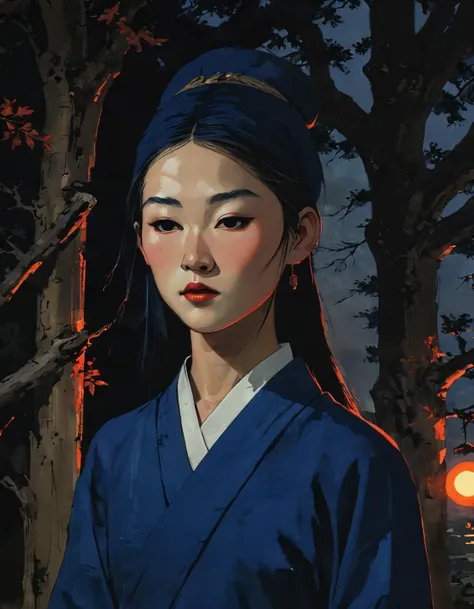hyperrealistic zoom dark and gritty impactful paint of a medium-built chinese sad female priest wearing a meiji cap and coach clothes  standing under the shade of an ancient oak in solitude, long indigo hair, outside in Ukraine in the evening autumn, inspired by futuristic anime, (backlight halo:1.6)<lora:The_Pulp_Session:0.90>