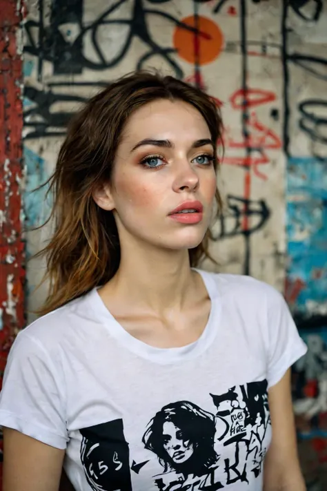 A close-up portrait of a breathtakingly beautiful woman with unique and striking features. She has flawless skin with delicate texture, smooth hair elegantly draped around her neck, full lips, and hyper-detailed eyes that convey depth and emotion. The woman is wearing a graphic t-shirt in a dynamic pose against a graffiti wall, captured in a masterful composition with lighting that accentuates her natural beauty. The image features gentle shadows and highlights, incredible skill, attention to detail, nuance, supersharp focus, high contrast, and hyper-detailed textures. The portrait exudes luxury, extravagance, style, sensuality, opulence, elegance, and stunning beauty. It is a professional image that showcases the woman's unique features in a high fashion setting, reminiscent of the work of Hasselblad masters like Carne Griffiths and Conrad Roset