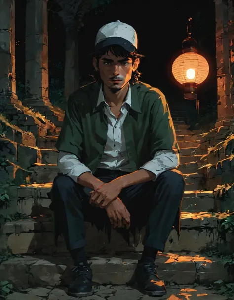 hyperrealistic top view dark and gritty impactful paint of a ectomorphic colombian melancholic male scientist wearing a umbrella hat and hugo boss clothes sitting on the steps of an ancient ruin, long forest green hair, outside in Palau at dawn fall, inspired by futuristic anime, (lantern-lit path:1.6)<lora:The_Pulp_Session:0.90>