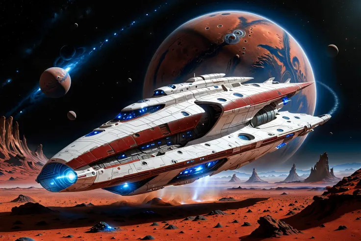 white blue sci-fi alien spaceship, slick minimalistic design, singular dying red planet, vivid space, masterpiece, sharp, 8k, sci-fi, aesthetic, dust, story, intricate colors, by artist Don Maitz