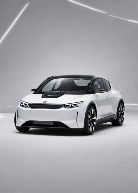 The image features a sleek, modern electric car with a glass roof, parked on a stage. The car has a distinctive design and appears to be a concept car, showcasing advanced technology and style. The car is positioned in the center of the scene, with a logo visible on the front.,
The car's design includes a large windshield and a prominent hood, giving it a distinctive appearance. The car's overall shape and lines create a sense of speed and agility, making it an eye-catching display.