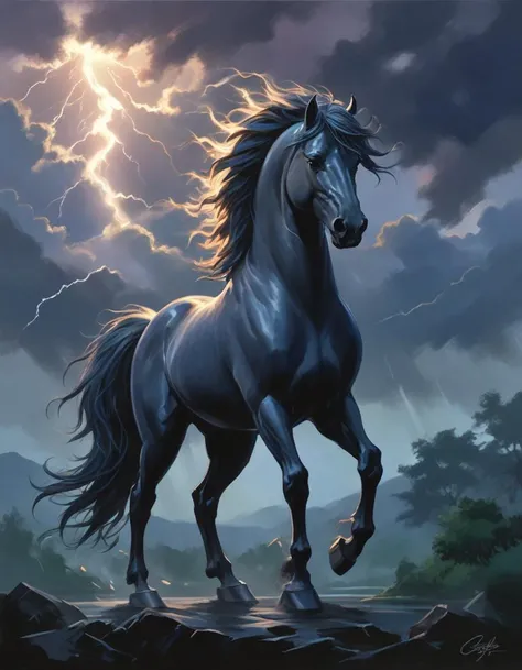 (lightning storm), Horse's steady gaze, Mane dances with the wind's song, Majestic in calm, by artist Glen Keane