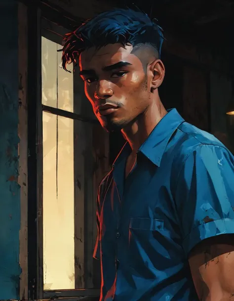 hyperrealistic long with low angle dark and gritty impactful paint of a heavy brazilian melancholic male mechanic wearing a montera picona and h&m clothes looking out the window, short cerulean hair, outside in Cameroon in the afternoon autumn, inspired by futuristic anime, (accent lighting:1.6)<lora:The_Pulp_Session:0.90>